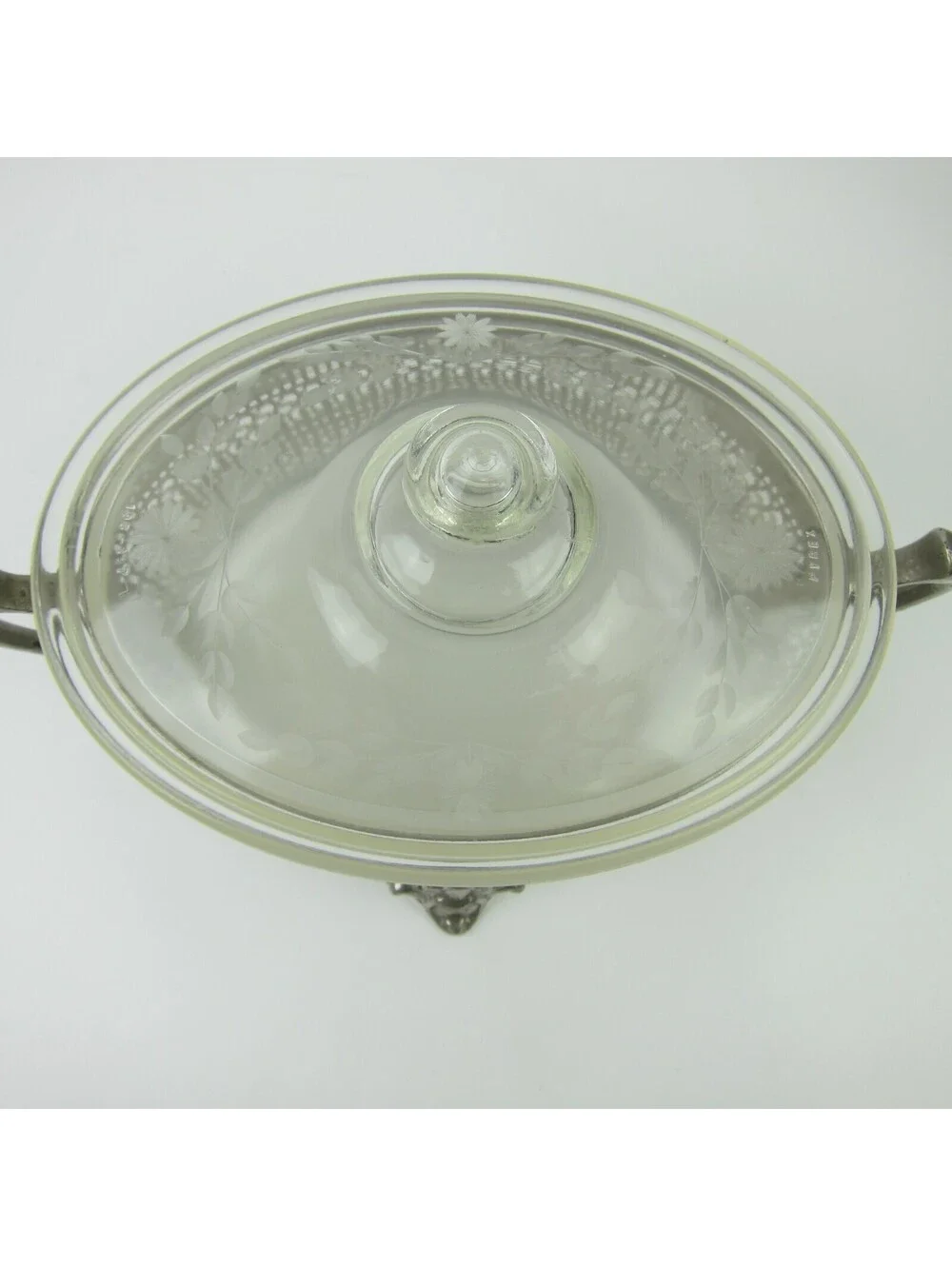 Vintage PYREX Covered Casserole Dish Floral Etched Lid Mara Silver Metal Stand